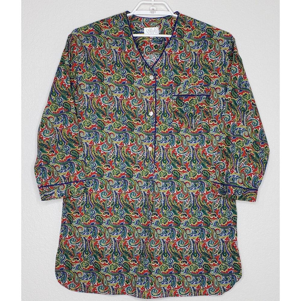 Go Softly Women's Sleep Shirt‎ Medium Long Sleeve Multicolor Paisley 1/2 Button